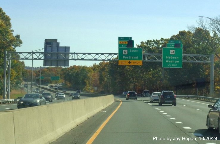 New overhead signs for CT 17 and CT 94 exits with milepost exit numbers hidden for future display, 
        by Jay Hogan, October 2024