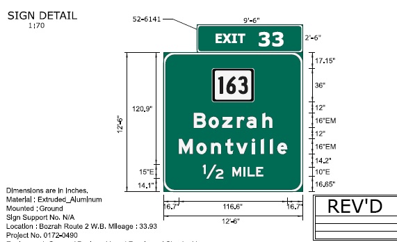 Image of ConnDOT sign plan for 1/2 mile advance for CT 163 on CT 2 West to be placed in 2022