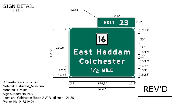 Image of ConnDOT sign plan for 1/2 mile advance for CT 16 on CT 2 West to be placed in 2022