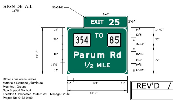 Image of ConnDOT sign plan for 1/2 mile advance for CT 354 to CT 85 on CT 2 West to be placed in 2022