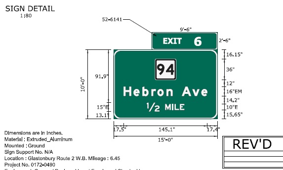 Image of ConnDOT sign plan for 1/2 mile advance for CT 94 on CT 2 West to be placed in 2022