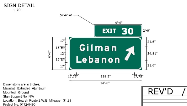 Image of ConnDOT sign plan for Gilman Lebanon exit on CT 2 West to be placed in 2022