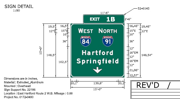Image of ConnDOT sign plan for West I-84/North I-91 exit sign on CT 2 West to be placed in 2022