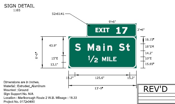 Image of ConnDOT sign plan for 1/2 mile advance for South Main Street on CT 2 West to be placed in 2022