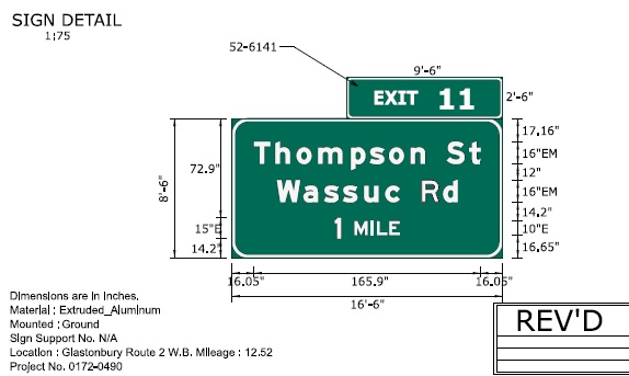 Image of ConnDOT sign plan for 1 mile advance for Thompson Road exit in CT 2 West to be placed in 2022
