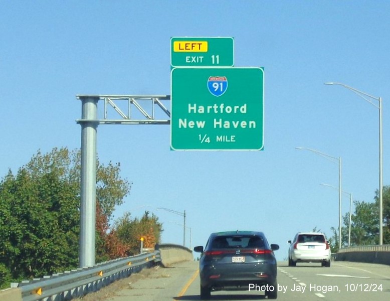 Image of recently placed 3/4 Mile overhead sign for I-91 exit with new milepost based exit number 
      on CT 3 North in Wethersfield, by Jay Hogan, October 2024