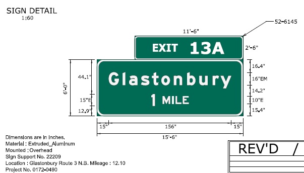 Image of ConnDOT sign plan of 1 mile advance for Glastonbury on CT 3 North for placement in 2022