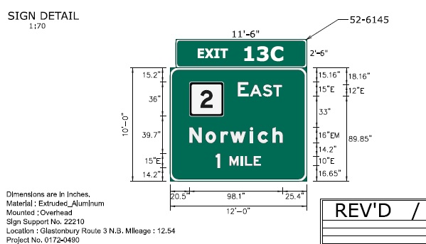 Image of ConnDOT sign plan of 1 mile advance for CT 2 East on CT 3 North to be placed in 2022