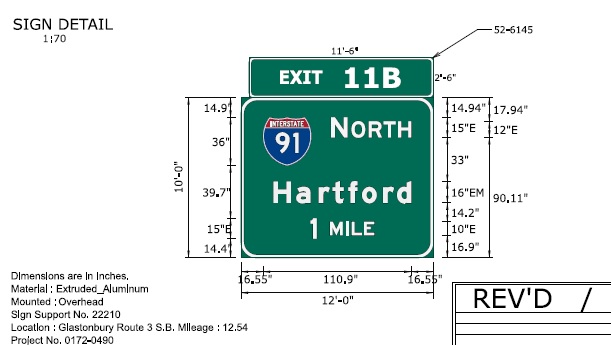 Image of ConnDOT sign plan of 1 mile advance for I-91 South on CT 3 South for placement in 2022