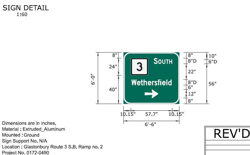 Image of ConnDOT sign plan for CT 3 South ramp sign to be placed in 2022