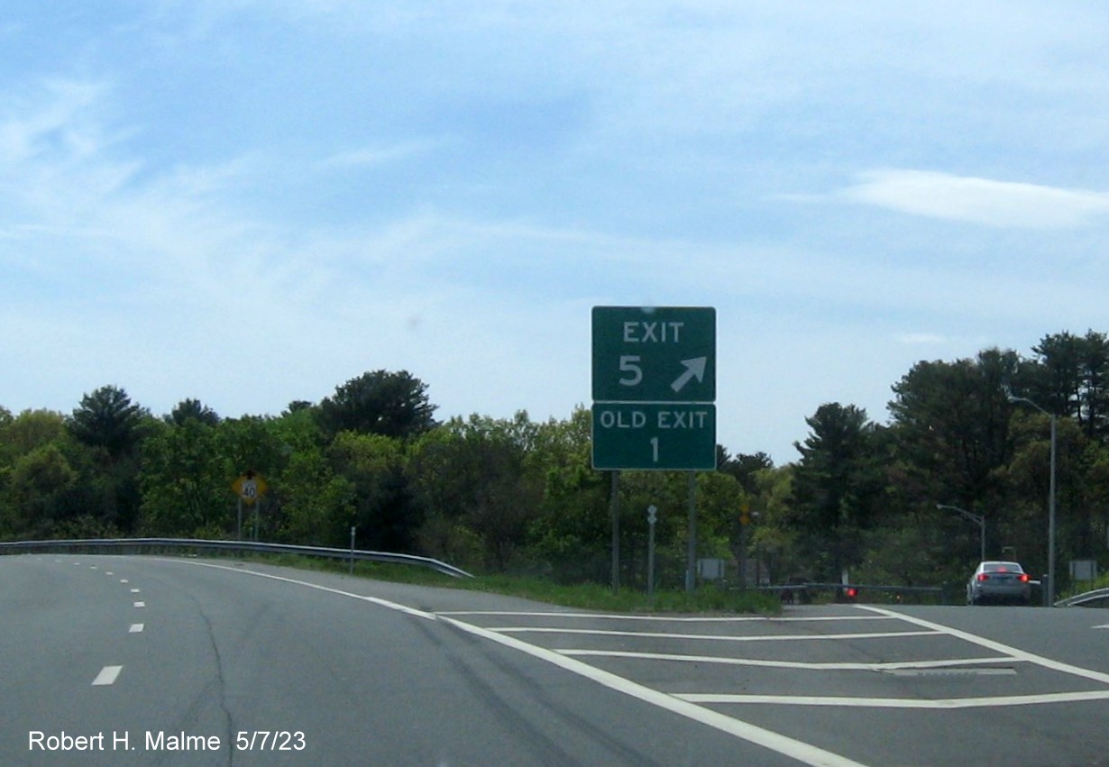 Image of gore sign for CT 177 exit with new milepost based exit number and Old Exit 1 sign attached below on CT 72 West in Bristol, May 2023