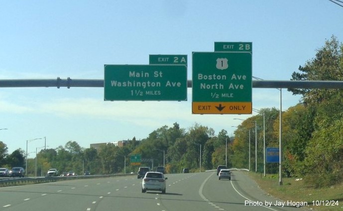 Image of overhead ramp sign for  exit with new milepost based exit number on CT 8/25 North in Bridgeport, 
        by Jay Hogan, October 2024