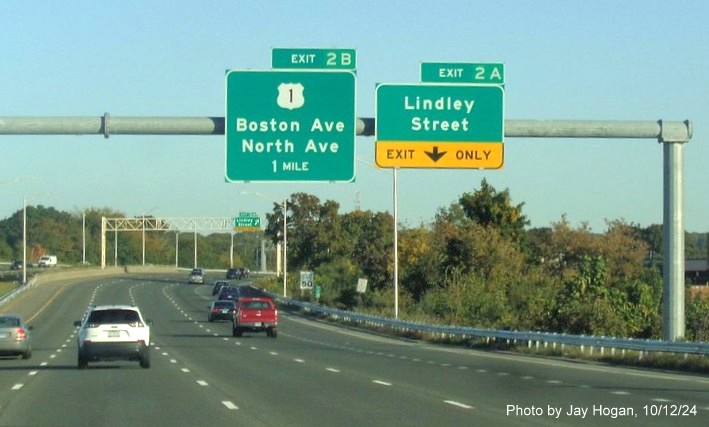 Image of overhead ramp sign for US 1 exit with new milepost based exit number on CT 8/25 North in Bridgeport, 
        by Jay Hogan, October 2024