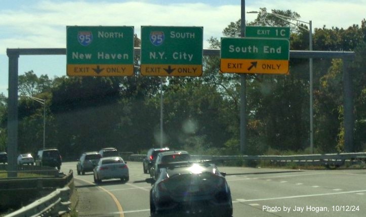 Image of overhead signage at ramp for South End exit with new milepost based exit numbers on CT 8/25 South in Bridgeport, by Jay Hogan, October 2024,