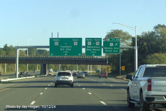 Image of overhead ramp sign for  exit with new milepost based exit number on CT 8/25 North in Bridgeport, 
        by Jay Hogan, October 2024