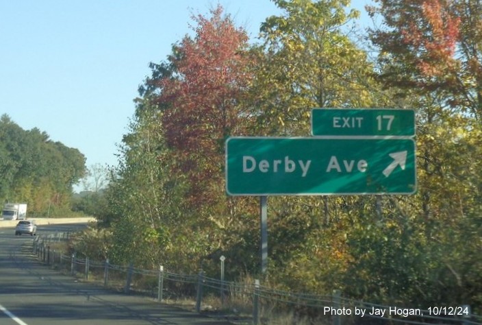 Image of overhead ramp sign for Derby Avenue exit with new milepost based exit number on CT 8 
        North in Seymour, by Jay Hogan, October 2024