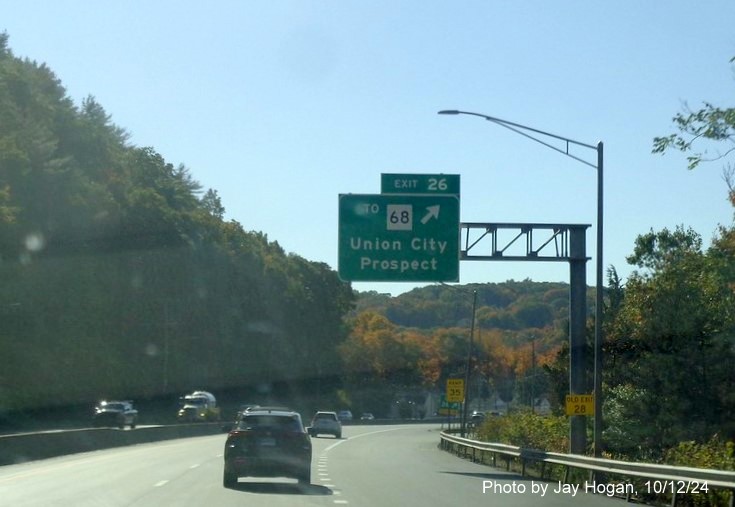 Image of overhead ramp sign for To CT 68 Naugatuck exit with new milepost based exit number 
        on CT 8 South in Naugatuck, by Jay Hogan, October 2024