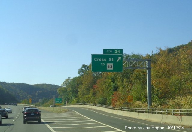 Image of overhead ramp sign for CT 63 exit with new milepost based exit number on CT 8 
        South in Naugatuck, by Jay Hogan, October 2024