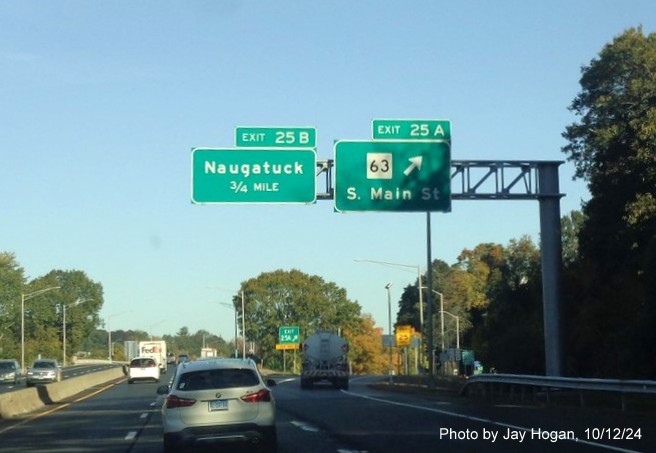 Image of overhead ramp sign for CT 63 exit with new milepost based exit number on CT 8 
        North in Naugatuck, by Jay Hogan, October 2024