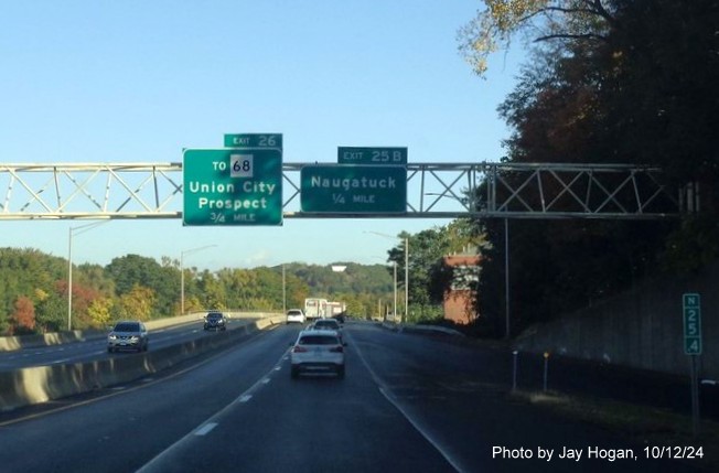 Image of overhead 1/4 mile advance sign for Naugatuck exit with new milepost based exit number on CT 8 
        North in Naugatuck, by Jay Hogan, October 2024