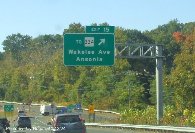 Image of overhead ramp sign for CT 344 exit with new milepost based exit number on CT 8 
        South in Derby, by Jay Hogan, October 2024