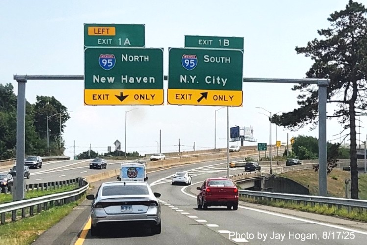 Image of overhead signage before split of I-95 ramps now with new milepost based exit 
	number tabs on CT 8/25 South in Bridgeport, by Jay Hogan, August 2025,