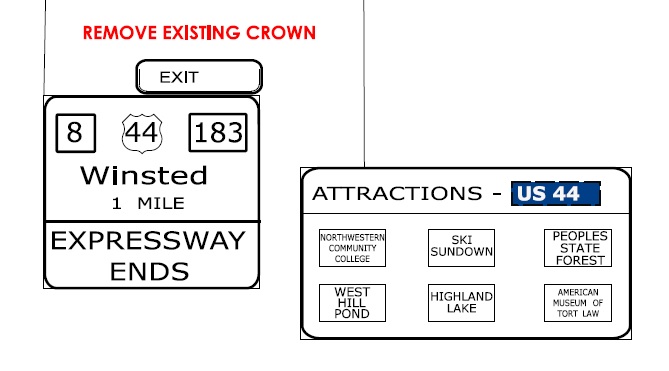 CTDOT sign plan images for the last exit on CT 8 North in Winsted, July 2022