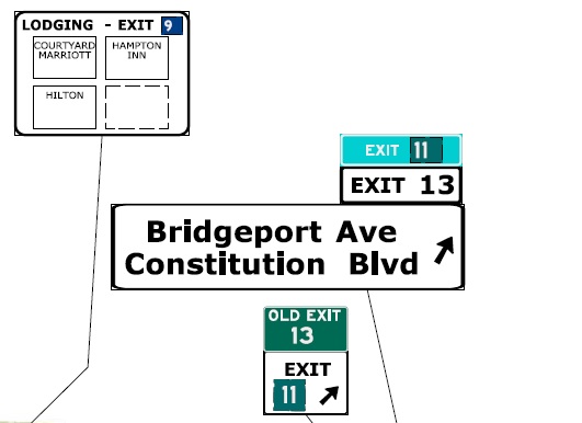 CTDOT sign plan image for Bridgeport Ave/Constitution Blvd exit on CT 8 North, July 2022