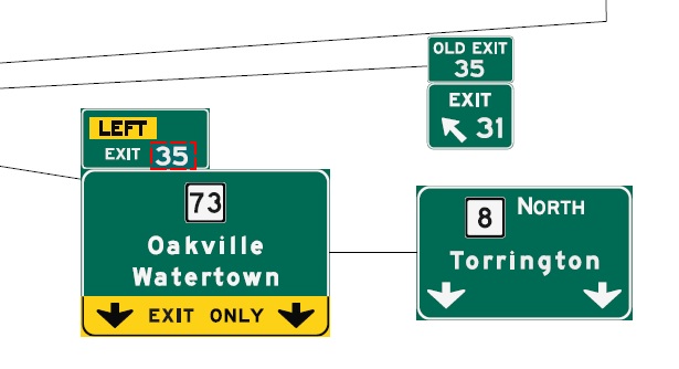 CTDOT sign plan images for CT 73 exit on CT 8 North in Waterbury, July 2022