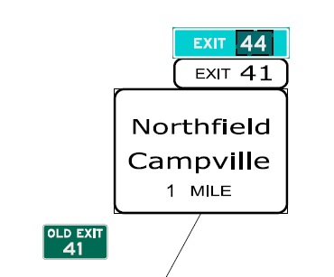 CTDOT sign plan images for the renumbering of the Northfield/Campville exit on CT 8 North in Waterbury, July 2022