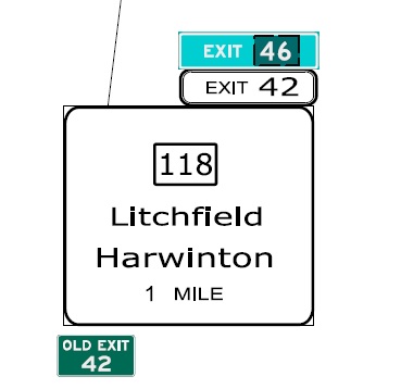 CTDOT sign plan images for renumbering of CT 118 exit on CT 8 North in Litchfield, July 2022