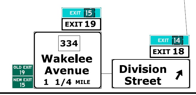 CTDOT sign plan image for exit renumbering of CT 334 and Division Street exits in Derby, July 2022