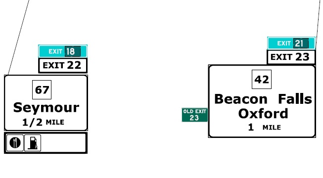 CTDOT sign plan image for exit renumbering for CT 67 and CT 42 exits on CT 8 North in Oxford, July 2022