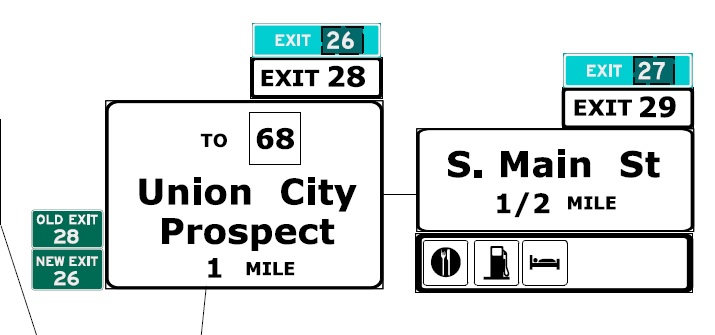 CTDOT sign plan images for renumbered To Union City and South Main Street exits in Naugatuck, July  2022