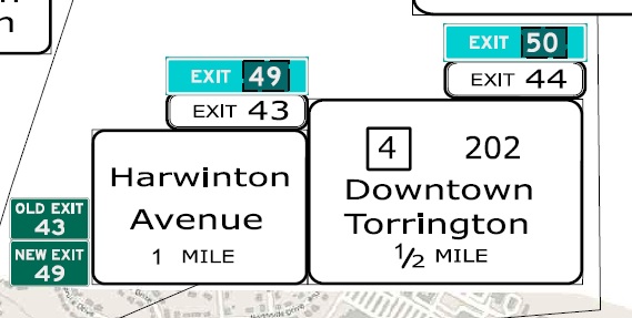 CTDOT sign plan images for renumbering of Harwinton Avenue and US 202/CT 4 exits on CT 8 North in Torrington, July 2022