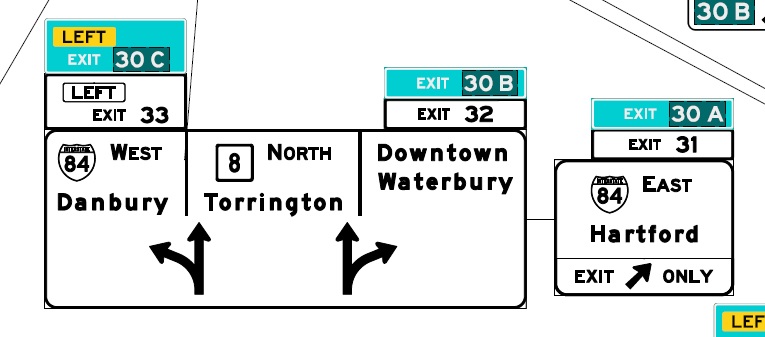 CTDOT sign plan images for I-84 exit on CT 8 North in Waterbury, July 2022
