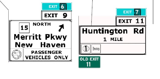 CTDOT plan images for exit renumbering on signs along CT 8 North for new exits 7 to 9, July 2022