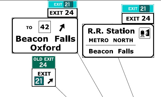 CTDOT sign plan image for exit renumbering of To CT 42 exit on CT 8 South in Oxford, July 2022