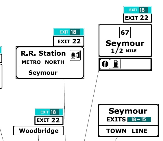 CTDOT sign plan image for exit renumbering of CT 67 exit on CT 8 South in Seymour, July 2022
