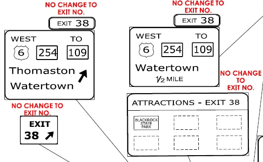 CTDOT sign plan images for US 6 exits that will not be renumbered on CT 8 South in Thomaston, July 2022