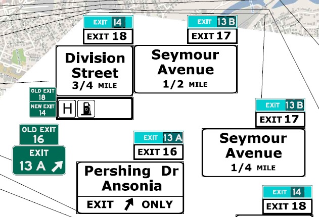 CTDOT sign plan image for exit renumbering of Division Street, Seymour Avenue and Pershing Drive exits on CT 8 South in Ansonia, July 2022