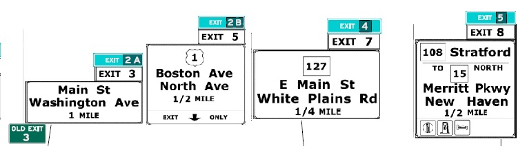 CTDOT sign plan images of exit renumbering of Exits 2 to 5 on CT 8 South in Bridgeport, July 2022