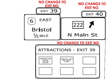CTDOT sign plan images for US 6 and CT 222 exits on CT 8 South that will not be renumbered in Thomaston, July 2022
