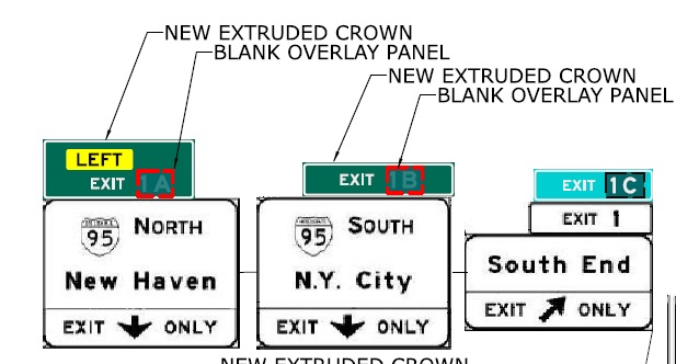CTDOT plan images for exit numbers for I-95 and South End exits on CT 8 South in Bridgeport, July 2022