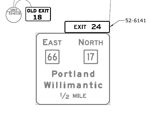 ConnDOT plan for new exit number tab on existing 1/2 mile advance sign for East CT 66/North 17 exit on CT 9 in Middletown