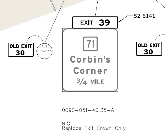 ConnDOT sign plan for new exit number tab for existing 3/4 mile advance sign for CT 71 exit on CT 9 in Corbin's Corner