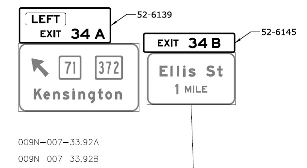 ConnDOT plan images of new exit number tabs for existing signs for CT 71 and CT 372 exits