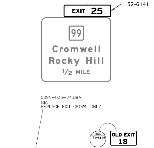 ConnDOT plan for new exit number tab for CT 99 exit sign on CT 9 in Rocky Hill