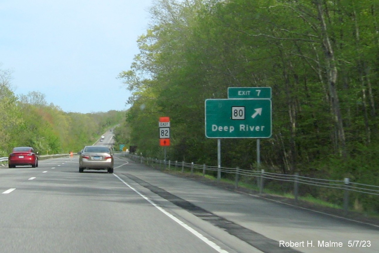 Image of ground mounted exit sign for CT 80 exit with new milepost based exit number on CT 9 South in Deep River, May 2023