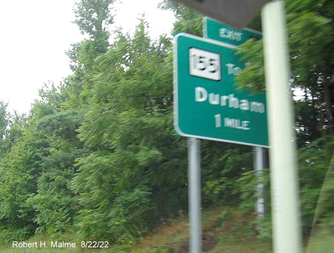 Image of new 1 mile advance overhead sign for CT 155 exit on CT 9 South in Durham, August 2022
